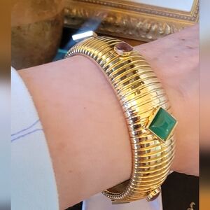 NEW ADORNIA 14k Gold Plated .75" tall Omega Stretch Bracelet PURPLE GREEN Stones